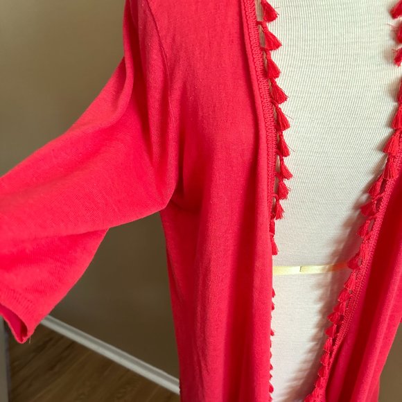 Chicos Pom Pom Fringe Watermelon Red Cardigan Size 2 (L) - Picture 2 of 9